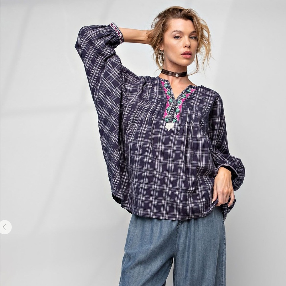 Easel Navy Blue  Plaid Blouse with Embroidered Detail